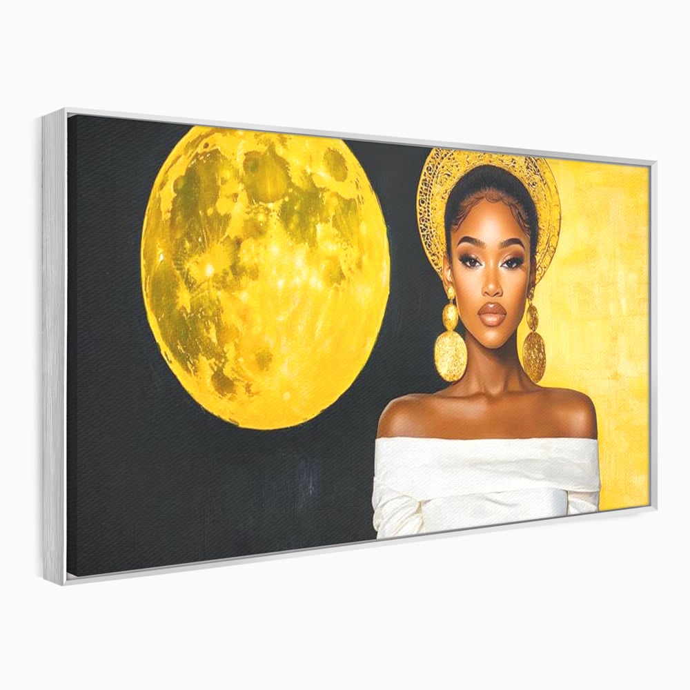 Tablou canvas cu tablou canvas cu femeie si luna aurie, in rama de aluminiu argintiu